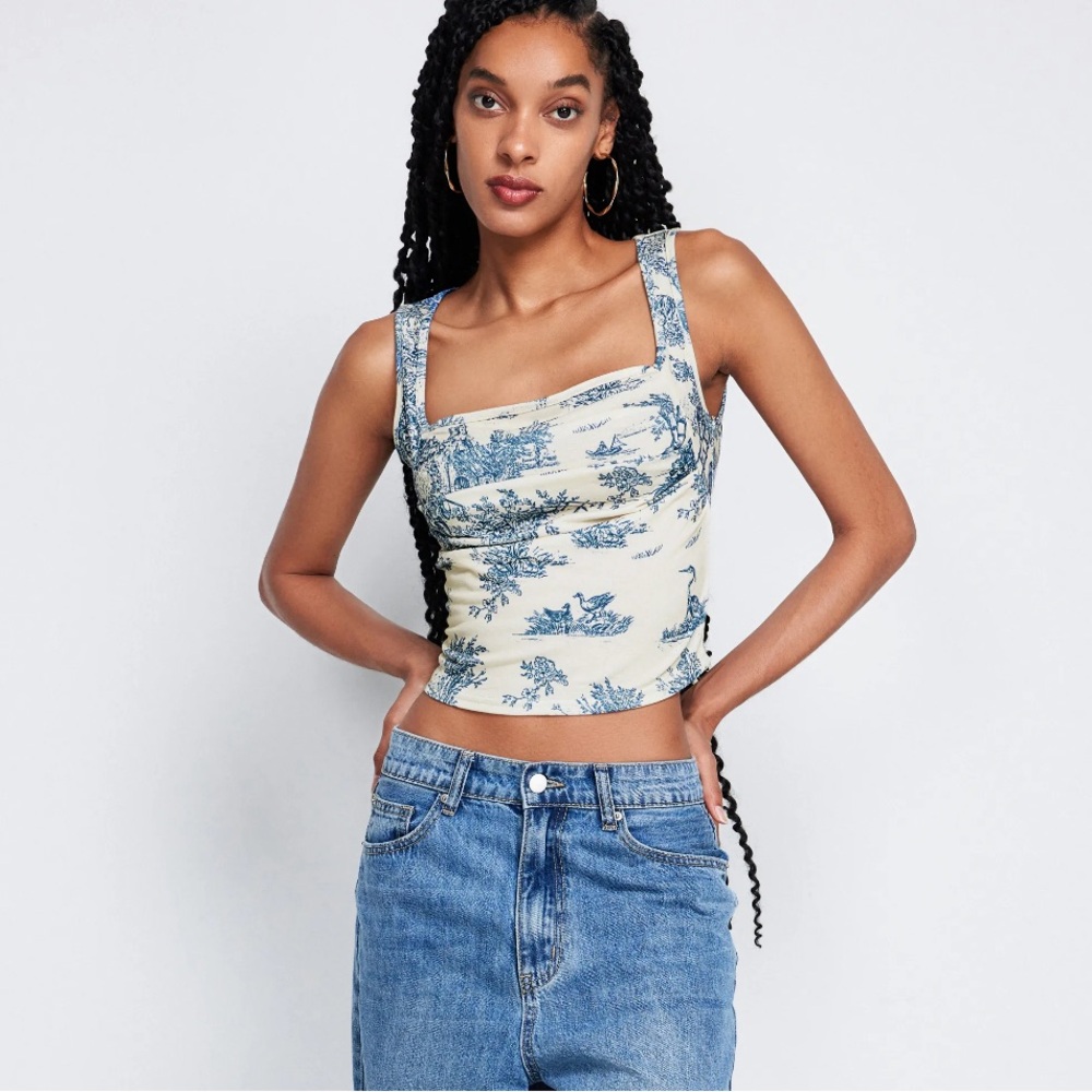 CIDER Women Square Neck Tank Tops Sleeveless Ruched Floral Crop Top Blue